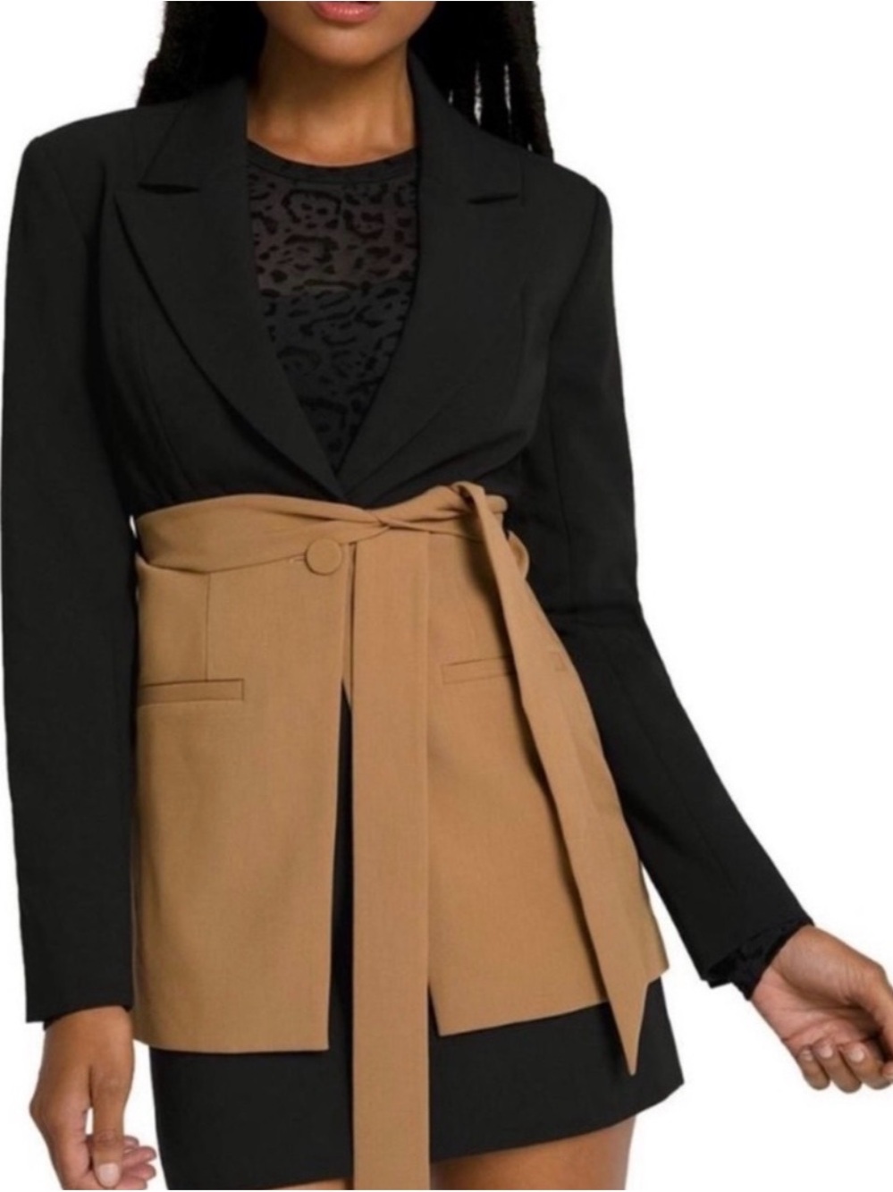 Good American Black and Camel Belted Colorblock Blazer